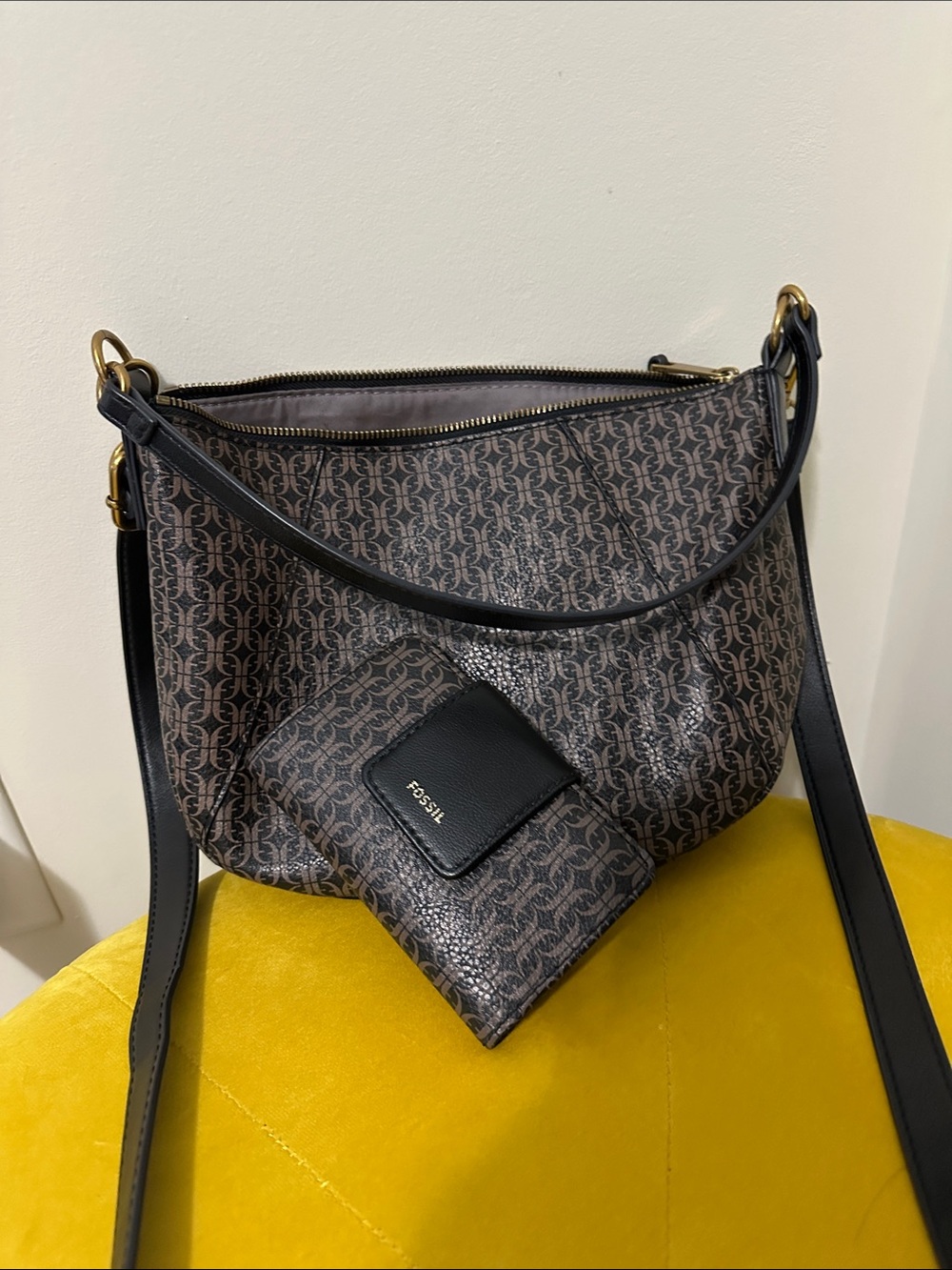 Fossil Brown and Black Monogram Shoulder Bag with Matching Wallet